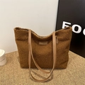 Brown fuzzy teddy plush tote bag with leather straps and fashion label for women - No Pendant / Brown