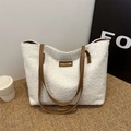 Fuzzy white sherpa tote bag with brown leather straps and fashion label detail - No Pendant / White