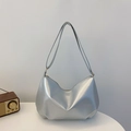 Silver metallic leather tote bag with liquid glossy finish and thin shoulder strap - Silver Without Pendant