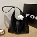 Large black PU leather Hobo shoulder bag with fashion label and white puppy plush charm - Black + White Plush Charm
