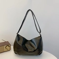 Minimalist black PU leather tote bag with slouchy crescent design and slim shoulder strap - Black Without Pendant