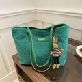 Green plush tote bag with FASHION label and cute brown rabbit keychain charm - Rabbit Keychain / Green