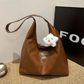 Brown faux leather tote bag with wide shoulder strap and white plush star charm - Brown + White Plush Charm