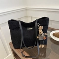 Large black teddy fleece tote bag with leather straps and a cute rabbit pendant - Rabbit Keychain / Black