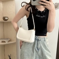 Minimalist creamy white faux leather baguette bag with golden metal hardware detail - White