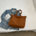 Brown large capacity canvas tote bag with drawstring sides for casual daily style - Brown