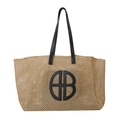 Bolso tote de paja tejida con asas de cuero negro y parche circular AB - Negro