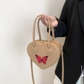 Schicke beige herzförmige Handtasche mit rotem Schmetterling und schmalem Gurt - Khaki