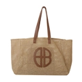 Bolso tote de paja tejida con asas de cuero marrón y logotipo para vacaciones de verano - Marrón
