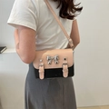 Bolso cuadrado pequeño en rosa y negro con lazo de metal plateado y correas con hebilla - Rosa y Negro