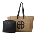 Two-piece woven tote bag set in beige and black with round AB logo and leather straps - Black Set With Inner Bag