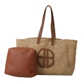 Light brown woven straw tote bag with brown leather inner pouch and round logo patch - Brown Set With Inner Bag