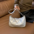 Silver quilted metallic shoulder bag with chain strap and vintage baguette design - Silver