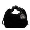 Elegante schwarze Kunstpelz-Handtasche mit gerafftem Ledergriff und Goldkette - Schwarz