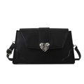 Elegante borsa a tracolla in pelle nera con chiusura metallica argentata a forma di cuore - Nero