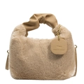 Beigefarbene Kunstpelz-Handtasche mit gerafftem Ledergriff und goldener Kette - Khaki