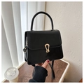 Detail of black leather crossbody bag featuring a distinctive golden horseshoe buckle clasp - Black