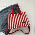 Rood-wit gestreepte canvas shopper met rode handvatten en lederen Fashion label - Rood