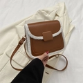 Brown PU leather crossbody bag with white sherpa trim and square buckle detail - Brown