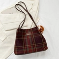 Borsa tote retrò in lana scozzese rossa e verde con cinturino in pelle e ciondolo - Con Ciondolo / Rosso