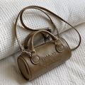 Borsa cilindrica in pelle PU marrone vintage con logo in rilievo e tracolla sottile - Cachi