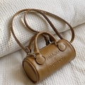 Mini borsa a cilindro marrone vintage con logo in rilievo e tracolla regolabile - Marrone