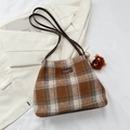 Borsa tote in lana a quadri marrone con tracolla in pelle e ciondolo peluche - Con Ciondolo / Cachi