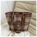 Borsa tote chic in lana a quadri marrone e giallo con manici in pelle - Marrone