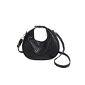 Chic black woven crescent handbag with gold hardware and adjustable crossbody strap - Black
