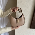 Minimalist light brown crescent hobo bag with gold buckle in smooth leather finish - Khaki