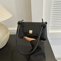 Fashionable black crocodile texture baguette shoulder bag with gold clasp and top handle - Black