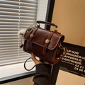 Vintage dark brown faux leather crossbody square bag with gold buckle and plush charm - Coffee with White Plush Charm