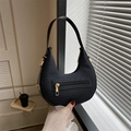 Minimalist black crescent hobo shoulder bag with woven texture and gold hardware - Black