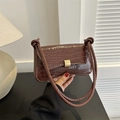 Minimalist dark brown crocodile texture shoulder bag with golden metal buckle - Brown