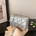 Silver geometric quilted crossbody bag with metallic chain strap for women - Silver