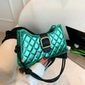 Metallic emerald green quilted shoulder bag with gold square buckle and chain strap detail - Green