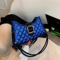 Royal blue quilted metallic crossbody bag with gold buckle and black chain strap - Blue