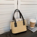 Woven straw summer tote bag with black leather handles and drawstring inner bag - Black