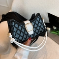 Black quilted patent leather baguette bag with white handles and gold square buckle - Black