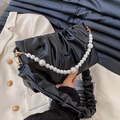 Black pleated PU leather bag with white pearl chain strap and matching wide shoulder strap - Black