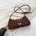 Minimalist chocolate brown baguette shoulder bag with gold ring buckle detail - Brown