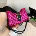 Pink metallic quilted baguette bag with gold buckle and black cord shoulder strap - Rose Red