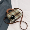 Green plaid woolen crossbody bag with round plush charm and brown faux leather handle - Green & Brown (With Monster Pendant)