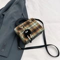 Green and brown plaid wool handbag with black leather trim and plush charm - Green & Black (With Monster Pendant)