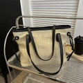 Large beige woven straw tote bag with black leather straps and trim for summer - Black