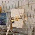 Chic beige quilted crossbody phone bag with fashion label and cartoon bull charm - Off-White With Tie Cow Pendant