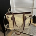 Large beige woven straw tote bag with brown leather trim and shoulder straps - Brown