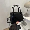 Schicke schwarze Mini-Handtasche mit Krokodilprägung und silbernen Metallbeschlägen - Schwarz