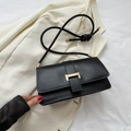 Elegant black matte small square shoulder bag with gold H-buckle and knotted strap - Black