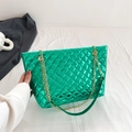 Glossy green quilted tote bag with metallic finish and gold chain strap variant - Green